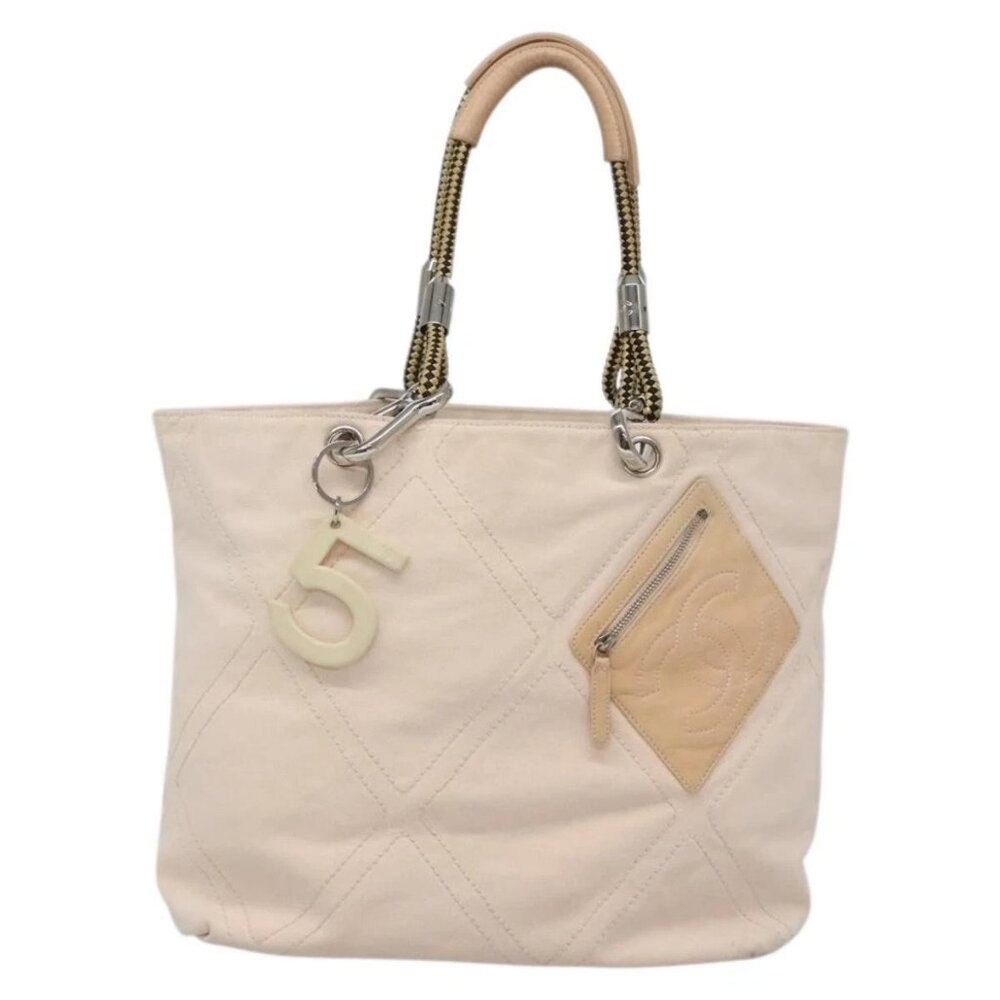CHANEL COCO Mark Tote Bag No.5 Canvas White Silver CC Auth gh524 - Picture 2 of 16